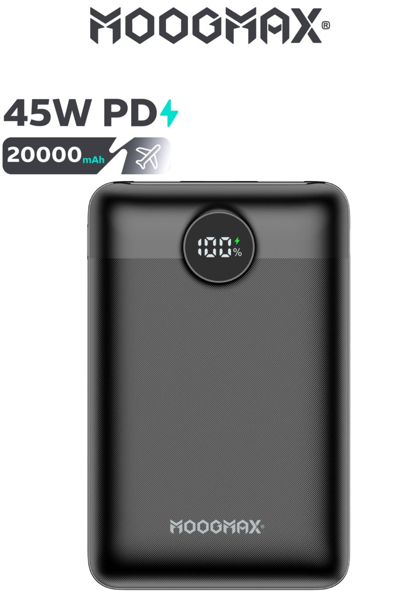 موجماكس باور بانك 20000 سوبر سمول سايز متعدد الاستخدامات. شاحن متنقل صغير بقوة 45 واط موزع على المنافذ يدعم الشحن السريع PD&QC. باور بنك مزود بشاشة رقمية LED لمعرفة مستوى الشحن. بطاريه متنقله يسمح باستخدامه على الطائرات والقطارات. بطارية شحن متوافقة مع جميع هواتف ايفون واندرويد. بور بانك باللون اسود من موجماكس. - Image 1